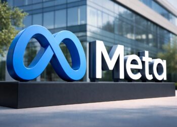 Logo de Meta frente a edificio corporativo moderno de tecnología.