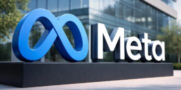 Logo de Meta frente a edificio corporativo moderno de tecnología.