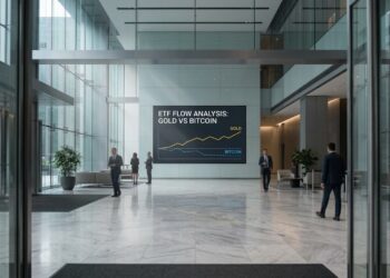 Vestíbulo moderno de vidrio y mármol con pantalla digital que analiza ETF de oro y bitcoin. Varias personas en trajes están de pie.