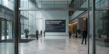 Vestíbulo moderno de vidrio y mármol con pantalla digital que analiza ETF de oro y bitcoin. Varias personas en trajes están de pie.