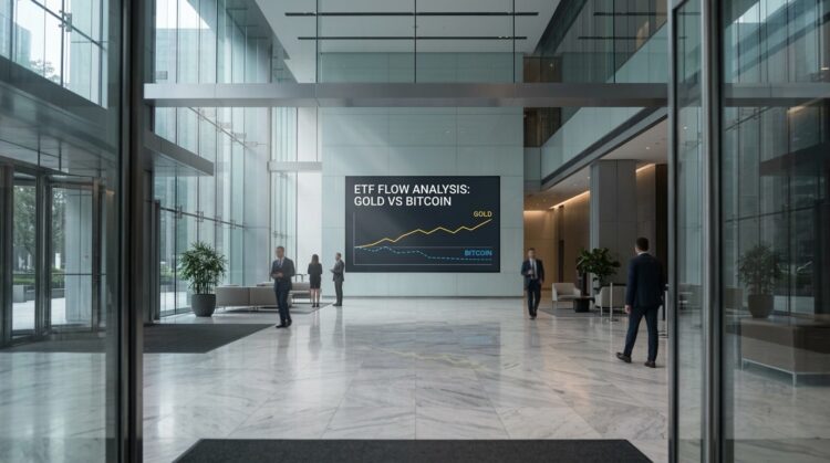 Vestíbulo moderno de vidrio y mármol con pantalla digital que analiza ETF de oro y bitcoin. Varias personas en trajes están de pie.