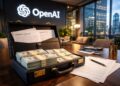 Maletín con inversión frente a logo de OpenAI en oficina.