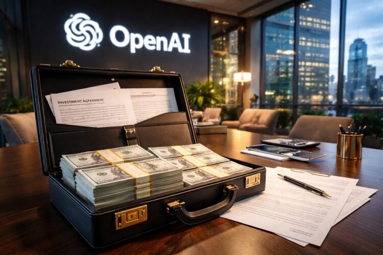 Maletín con inversión frente a logo de OpenAI en oficina.