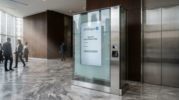Quiosco de JPMorgan en vestíbulo de mármol muestra el panel de inicio de sesión del 'BTC/ETH COLLATERAL POOL'.