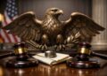 Águila institucional con mazos judiciales sobre mesa oficial.
