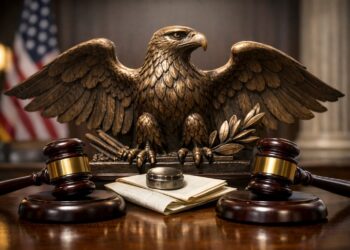 Águila institucional con mazos judiciales sobre mesa oficial.