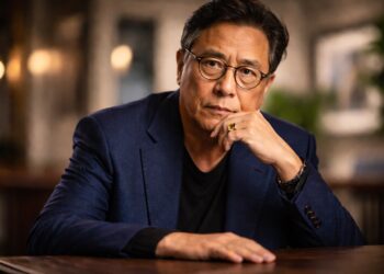 Robert Kiyosaki en retrato serio durante entrevista financiera.