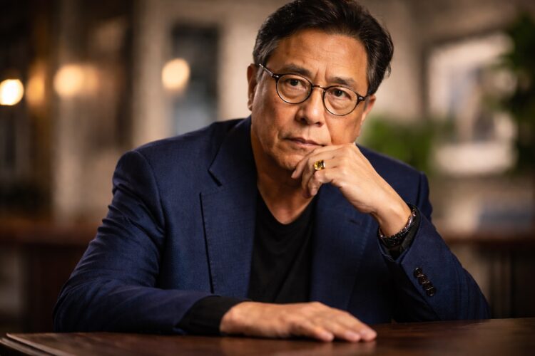 Robert Kiyosaki en retrato serio durante entrevista financiera.