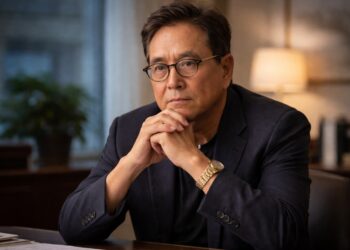Robert Kiyosaki pensativo sentado con expresión seria.