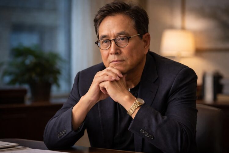 Robert Kiyosaki pensativo sentado con expresión seria.