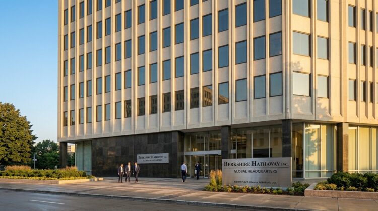 Vista exterior de la Sede Global de Berkshire Hathaway en Kiewit Plaza, Omaha, con hombres de negocios caminando.