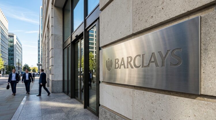 Entrada principal de Barclays con logo y nombre de la empresa grabados en una placa metálica en la pared de piedra.