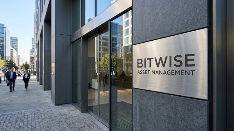 Placa metálica en la entrada de la sede de Bitwise Asset Management con el logo de la empresa.
