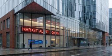 Edificio de Circle Internet Financial con gran pantalla que muestra 'MARKET ALERT: -20.0%'. Peatones con paraguas en día lluvioso.