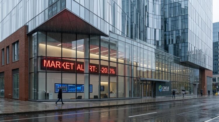 Edificio de Circle Internet Financial con gran pantalla que muestra 'MARKET ALERT: -20.0%'. Peatones con paraguas en día lluvioso.