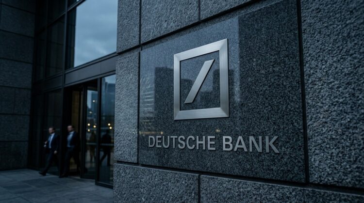 Entrada principal de Deutsche Bank en Frankfurt con el logo de la empresa grabado en una pared de granito.