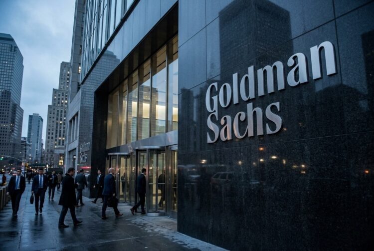 Empleados de negocios entran a la sede de Goldman Sachs en Nueva York, con el gran logo corporativo visible.