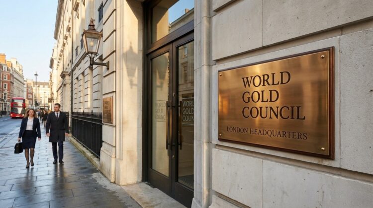 Profesionales financieros caminan frente a la entrada de la sede de Londres del World Gold Council con un prominente letrero de bronce.