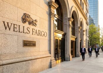 Fachada de piedra de la sede de Wells Fargo con logotipo de diligencia. Tres hombres con traje caminan por la acera de la ciudad.