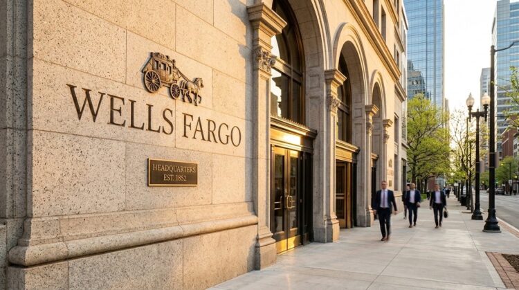 Fachada de piedra de la sede de Wells Fargo con logotipo de diligencia. Tres hombres con traje caminan por la acera de la ciudad.