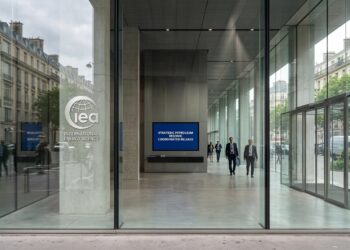 Vista exterior del vestíbulo de la IEA con hombres de negocios y una pantalla interior sobre liberación coordinada de reservas estratégicas.