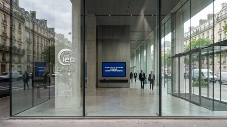 Vista exterior del vestíbulo de la IEA con hombres de negocios y una pantalla interior sobre liberación coordinada de reservas estratégicas.