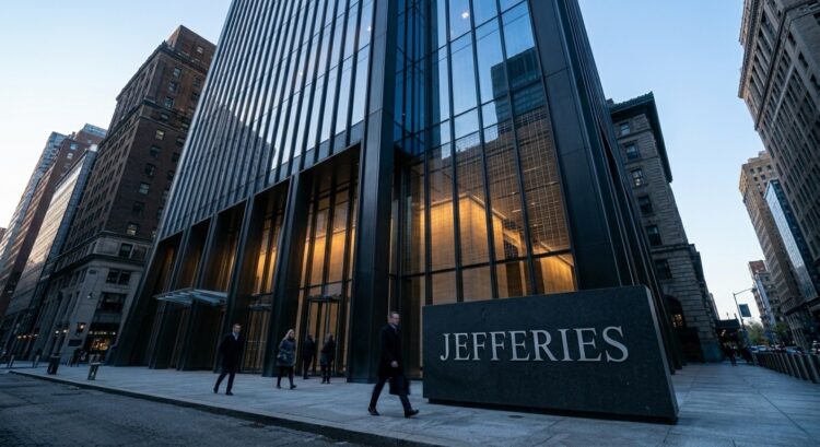 Entrada de la sede de Jefferies en Nueva York, con el logo de la empresa en un monolito de piedra frente al rascacielos.