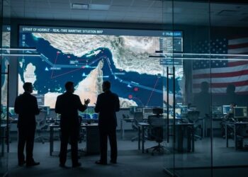 Tres hombres en un centro de operaciones observan un mapa táctico del Estrecho de Ormuz en una gran pantalla.