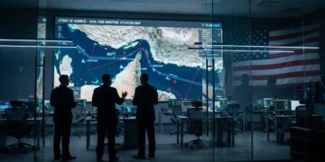 Tres hombres en un centro de operaciones observan un mapa táctico del Estrecho de Ormuz en una gran pantalla.