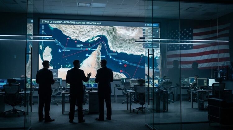 Tres hombres en un centro de operaciones observan un mapa táctico del Estrecho de Ormuz en una gran pantalla.
