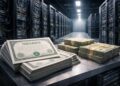 Centro de datos con acciones físicas y dinero en primer plano.
