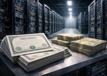 Centro de datos con acciones físicas y dinero en primer plano.