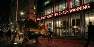 Toro de bronce en primer plano a la izquierda. Un letrero LED rojo en el fondo advierte de un colapso del 35%. Nueva York de noche.
