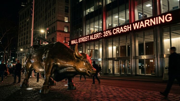 Toro de bronce en primer plano a la izquierda. Un letrero LED rojo en el fondo advierte de un colapso del 35%. Nueva York de noche.