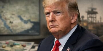 Donald Trump serio ante mapa militar tras advertencia a Irán.