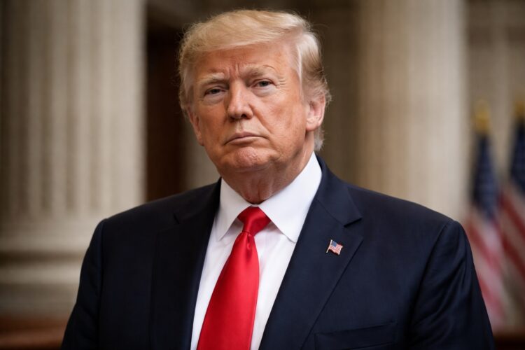 Trump con gesto serio en entorno institucional tras fallo judicial.