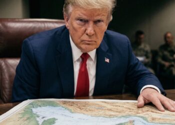Trump revisa mapa del Estrecho de Ormuz en sala de crisis.