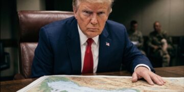 Trump revisa mapa del Estrecho de Ormuz en sala de crisis.