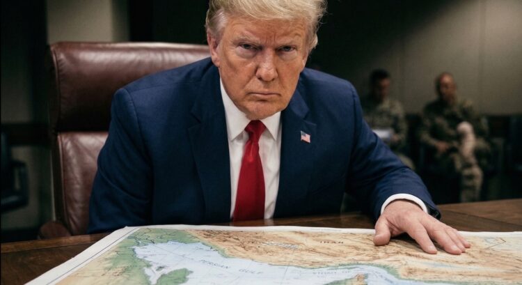 Trump revisa mapa del Estrecho de Ormuz en sala de crisis.