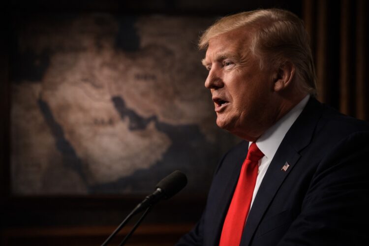 Trump emite advertencia con mapa de Medio Oriente al fondo.