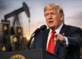 Donald Trump habla frente a barriles de petróleo y bomba petrolera.