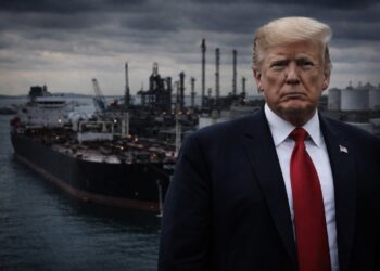 Trump frente a terminal petrolera bajo tensión geopolítica.