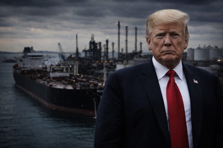 Trump frente a terminal petrolera bajo tensión geopolítica.