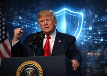 Donald Trump en podio con escudo digital que representa ciberseguridad.