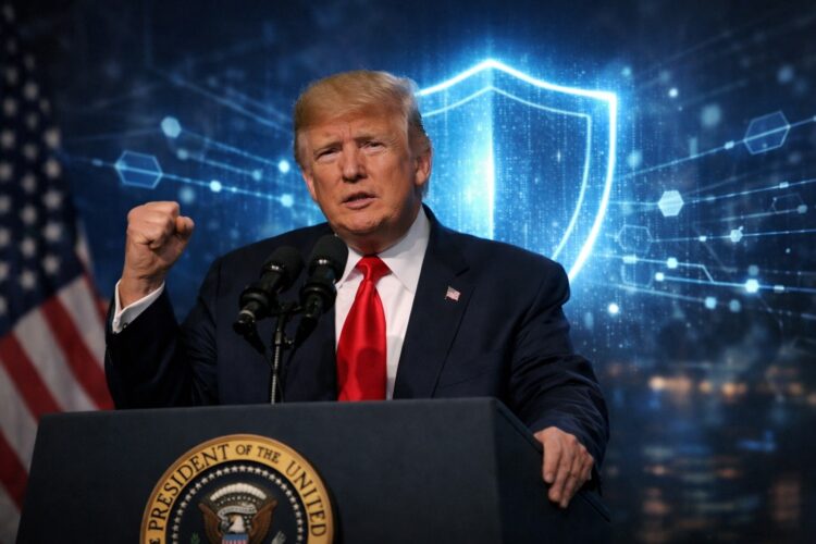 Donald Trump en podio con escudo digital que representa ciberseguridad.