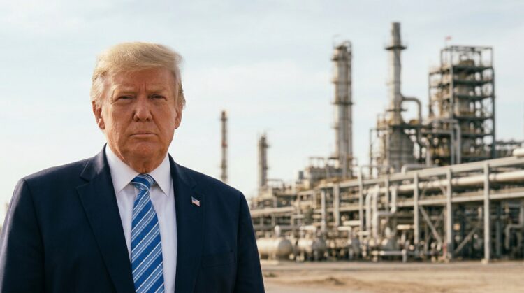 Trump junto a refinería petrolera en tensión con Irán.
