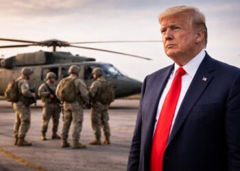 Trump en base militar con tropas de EE.UU. al fondo.