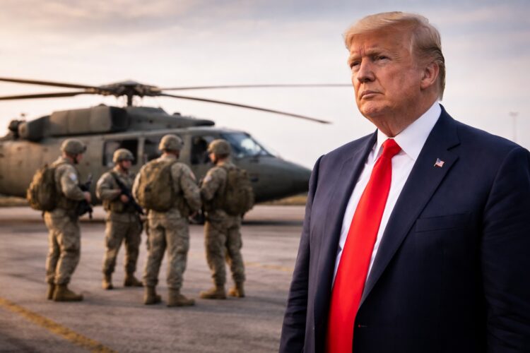 Trump en base militar con tropas de EE.UU. al fondo.