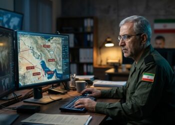 Estratega militar iraní analiza mapa táctico en monitor con objetivos rojos "TARGETED". Tensión geopolítica.