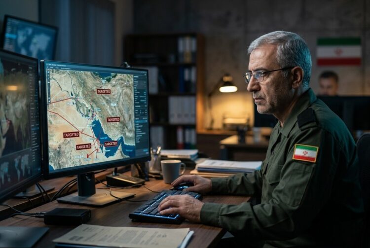 Estratega militar iraní analiza mapa táctico en monitor con objetivos rojos "TARGETED". Tensión geopolítica.